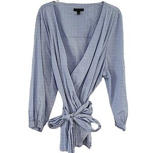 Lane Bryant Blue & White Check Wrap Blouse with Full Button Cuff Sleeves Size 28